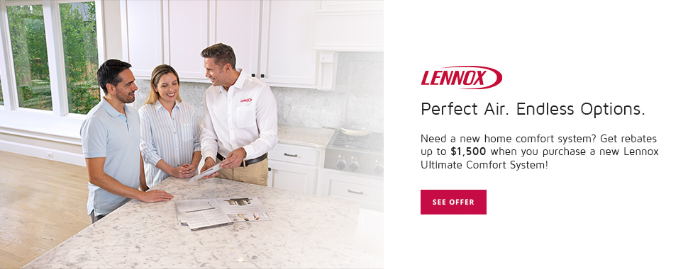 Two individuals in a kitchen view the Lennox website, showcasing its features in Glendora, CA. 